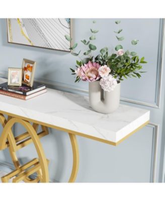 55-Inch Faux Marble Gold Geometric Metal Base Modern Console Table