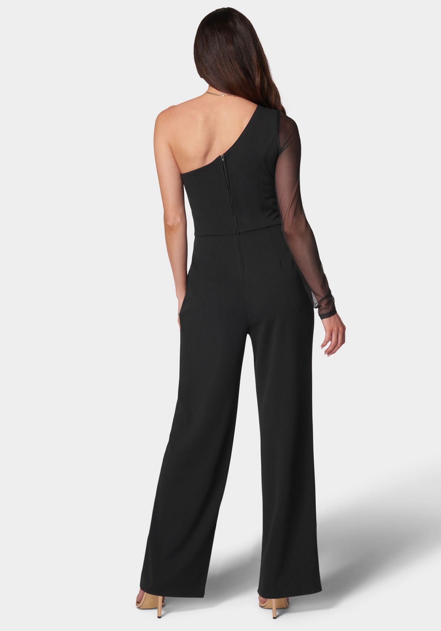 Женский комбинезон Bebe Long Sleeve Mesh One Shoulder Jumpsuit, цвет: Чёрный — фото 3