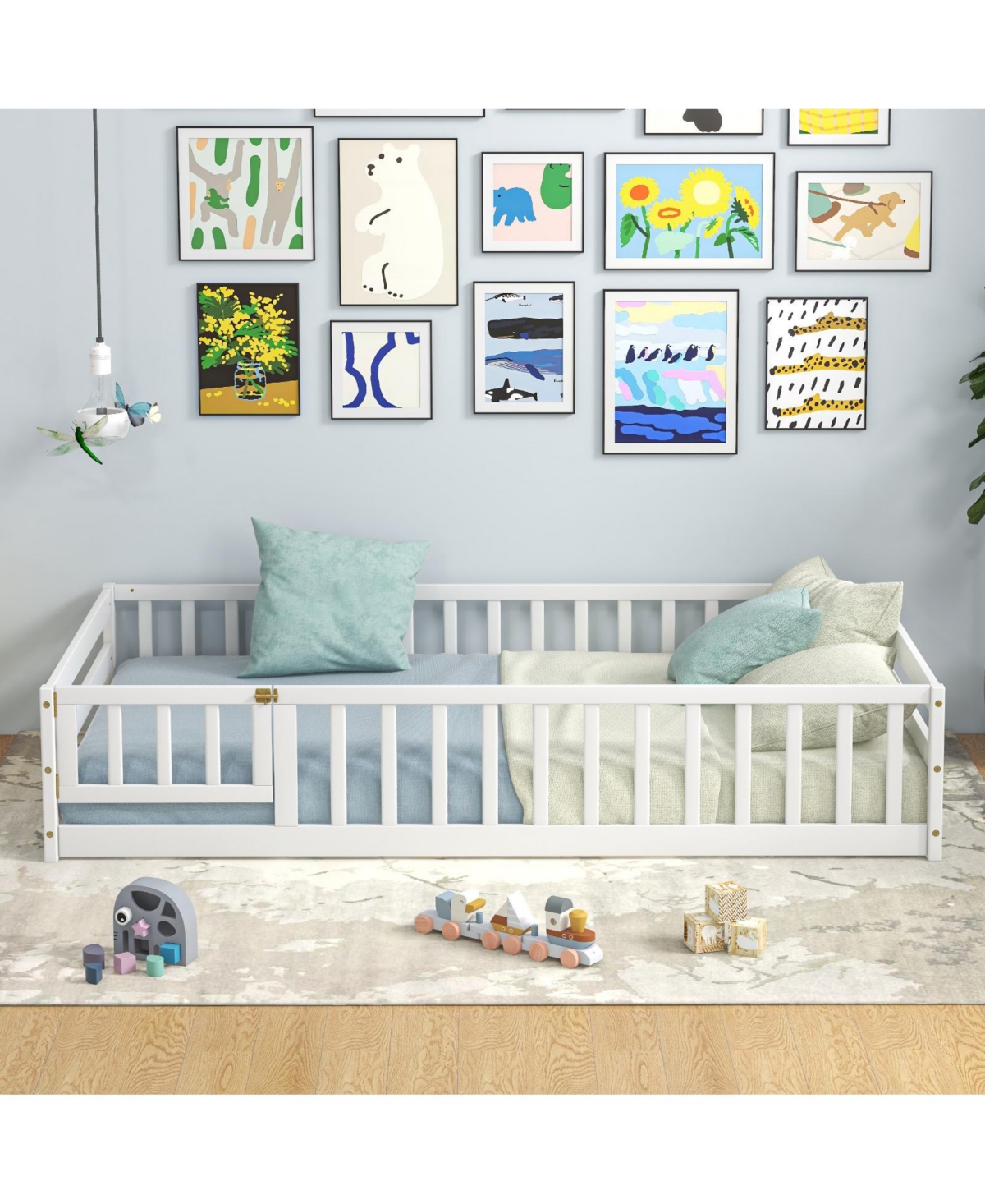Slickblue Twin Size Kids Wood Montessori Floor Bed with Door and Fence