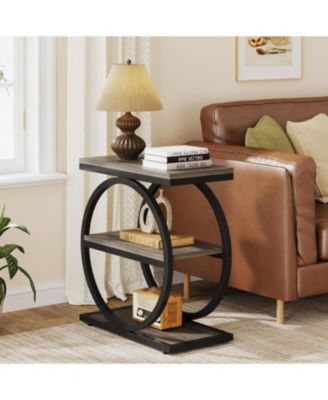 Narrow End Table with 3 Storage Shelves, Wood Side Table with Black Metal Frames, Industrial Sofa Side Table, Nightstand and Bedside Table