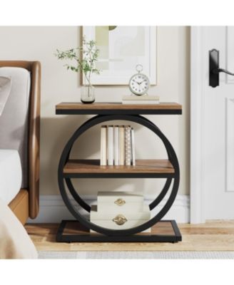 End Table Set of 2, Narrow End Table with 3 Storage Shelves, Wooden Nightstand with Metal Frame, Small Sofa Side Table