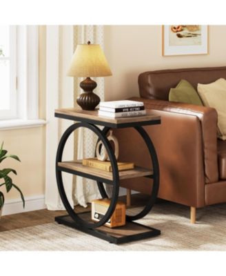 Narrow End Table with 3 Storage Shelves, Wood Side Table with Black Metal Frames, Industrial Sofa Side Table, Nightstand and Bedside Table