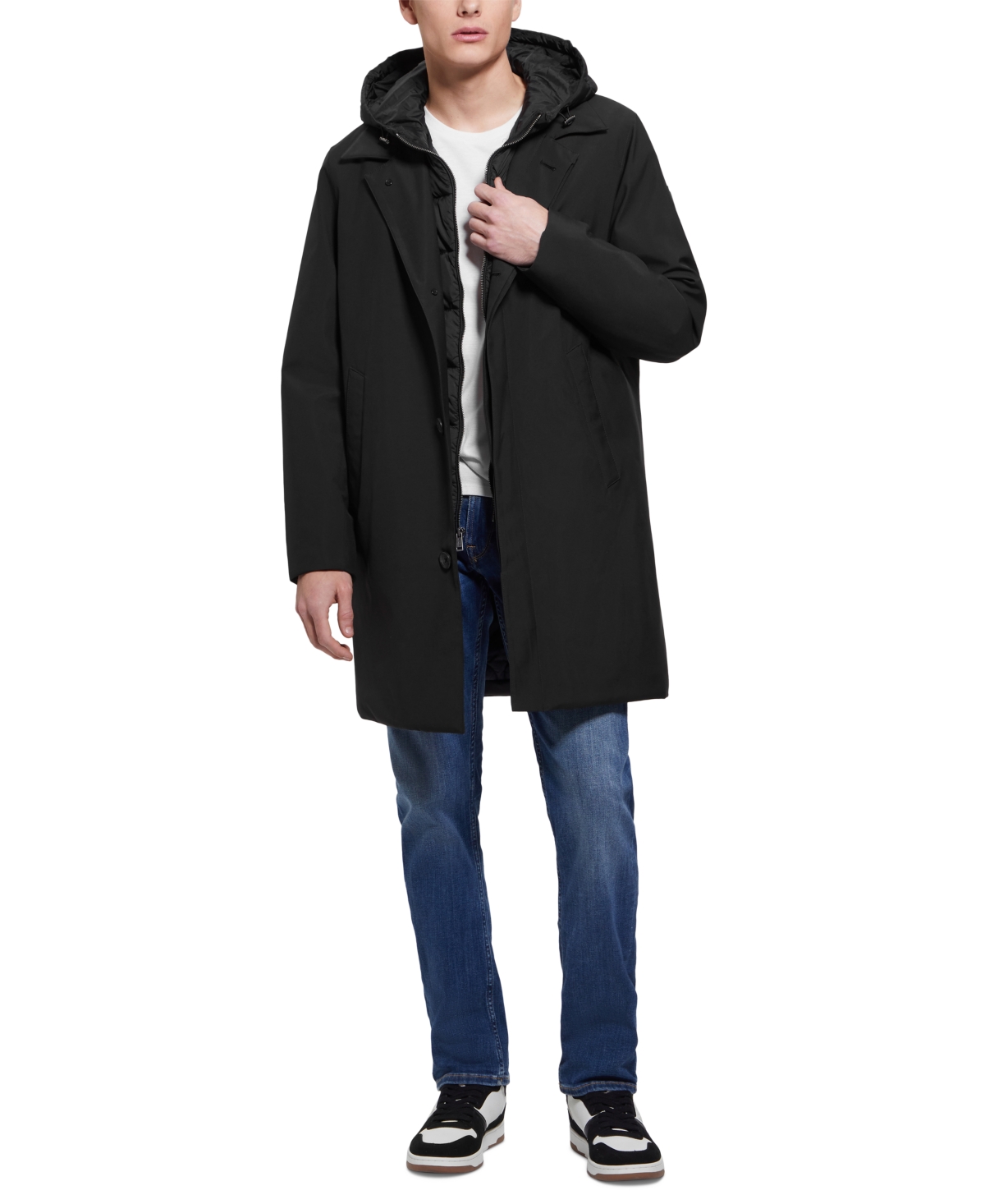 Guess Men's Colin Raincoat with Removable Nylon Hooded Inset