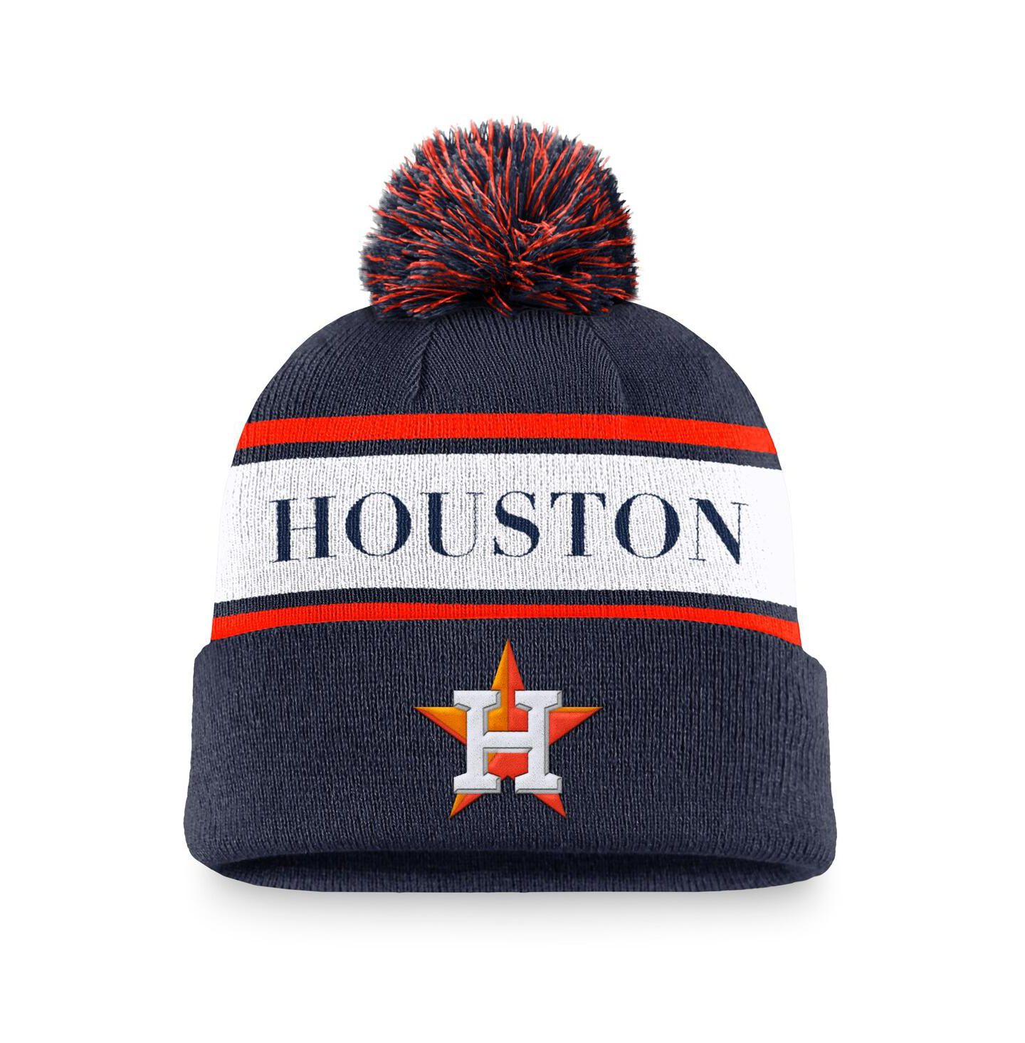 Мужская шапка Nike Navy Houston Astros Team Stripe Peak Cuffed Knit Hat with Pom — фото 1