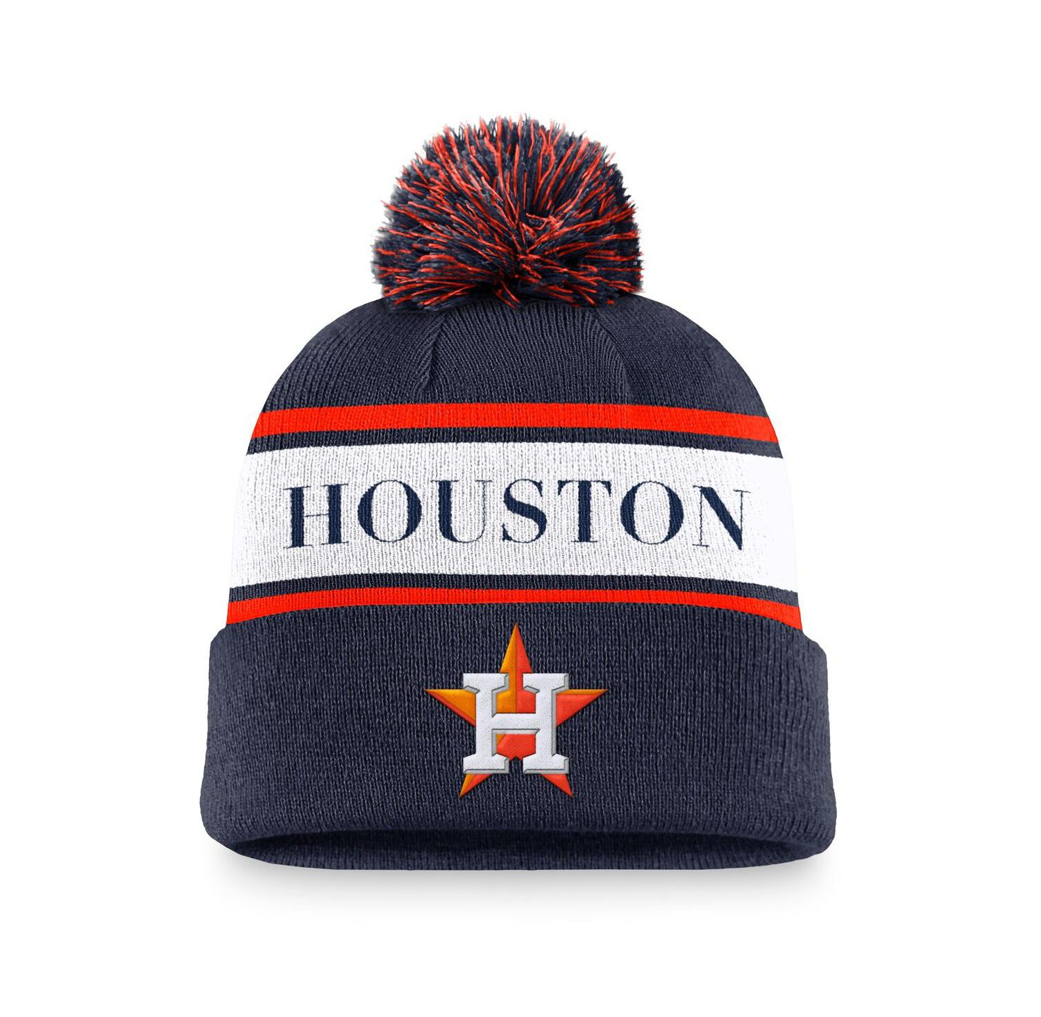 Men's Navy Houston Astros Team Stripe Peak Cuffed Knit Hat with Pom