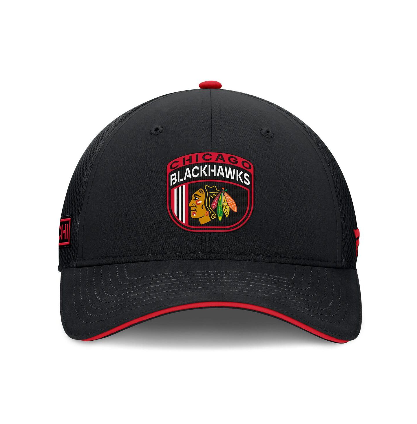Мужская кепка Fanatics Black Chicago Blackhawks 2024 NHL Draft On Stage Trucker Adjustable Hat — фото 4