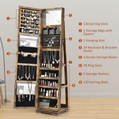 360degree Rotatable Jewelry Cabinet 2-in-1 Lockable Mirrored Organizer