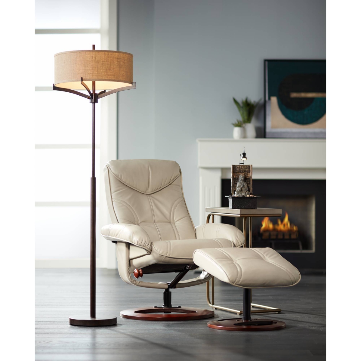 Franklin Iron Works Tremont Modern Mid Century Floor Lamp Standing Tall Deep Bronze Metal Tan Burlap Drum Shade for Living Room Reading Bedroom Of