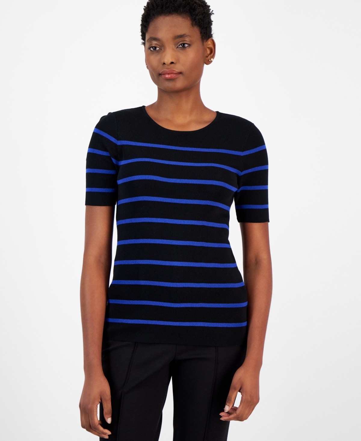 Women's Striped Short-Sleeve Knit Top - Black/New Royal