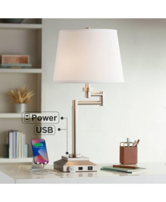 Camber Modern Desk Table Lamp 29" Tall Brushed Steel with USB and AC Power Outlet in Base Swing Arm Linen Shade for Bedroom Living Room
