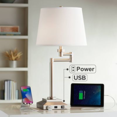 Camber Modern Desk Table Lamp 29" Tall Brushed Steel with USB and AC Power Outlet in Base Swing Arm Linen Shade for Bedroom Living Room