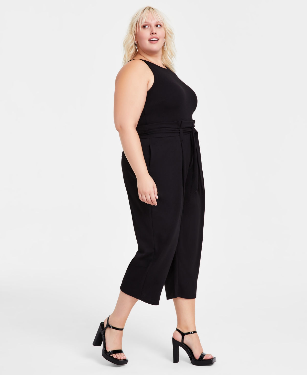 Bar Iii Trendy Plus Size Belted Sleeveless Capri Jumpsuit, Created for Macy's