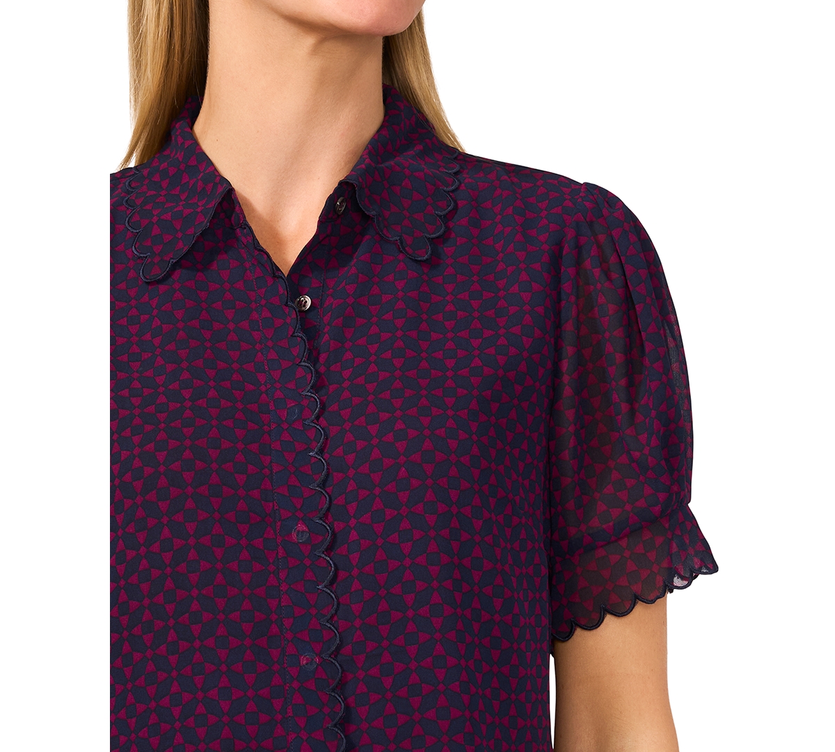 CeCe Women's Scallop-Edge Geo-Print Blouse