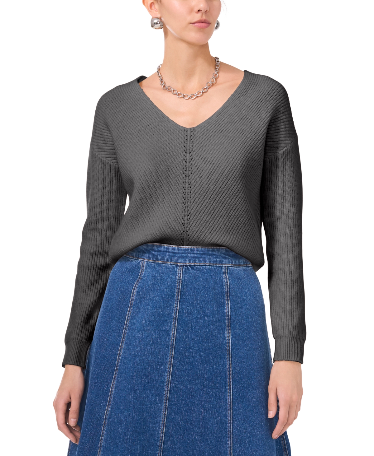 1.state Women's V-neck Diagonal-stitch Long-sleeve Sweater In Medium Heather Grey