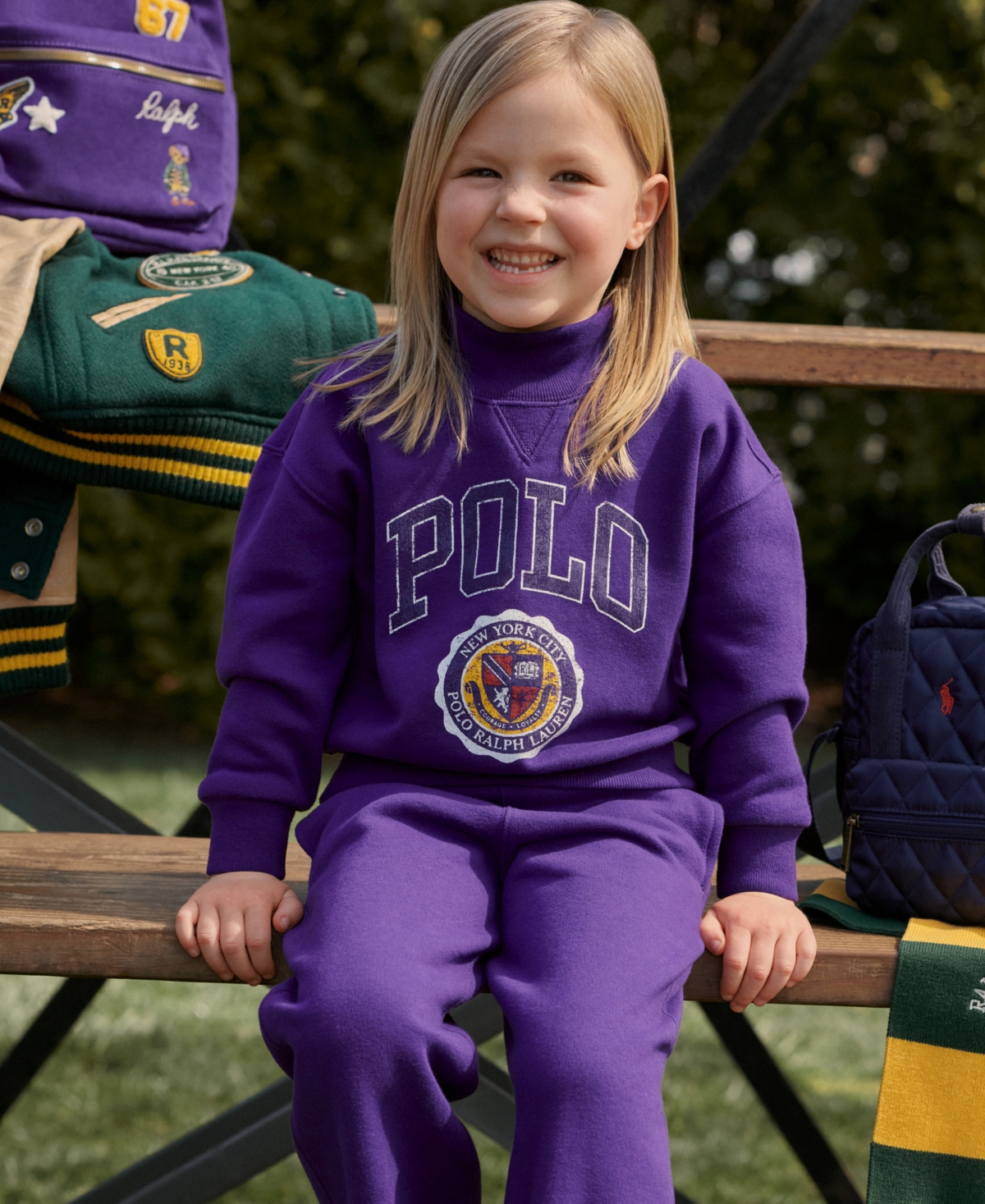 Polo Ralph Lauren Toddler And Little Girls Fleece Wide Leg Sweatpant - Opulent Purple With Stafford Green