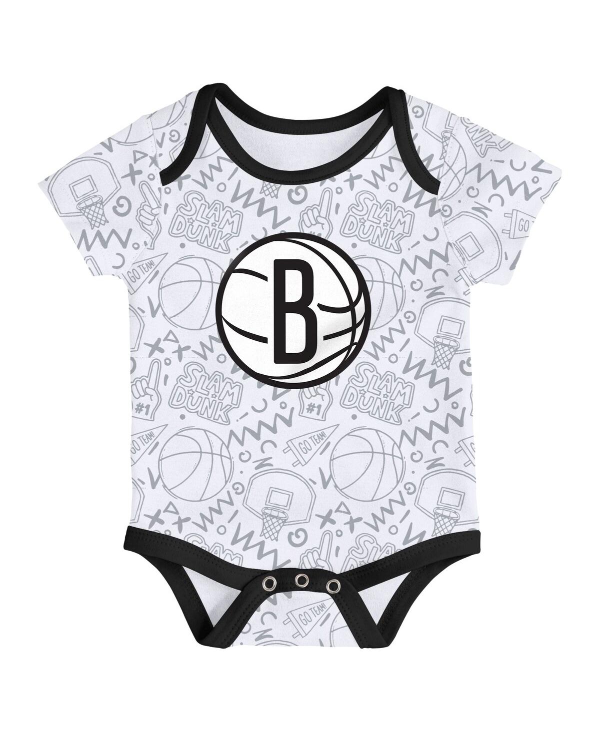 Outerstuff Baby Boys And Girls Black/white/gray Brooklyn Nets Slam Dunk 3-piece Bodysuit Set In Black