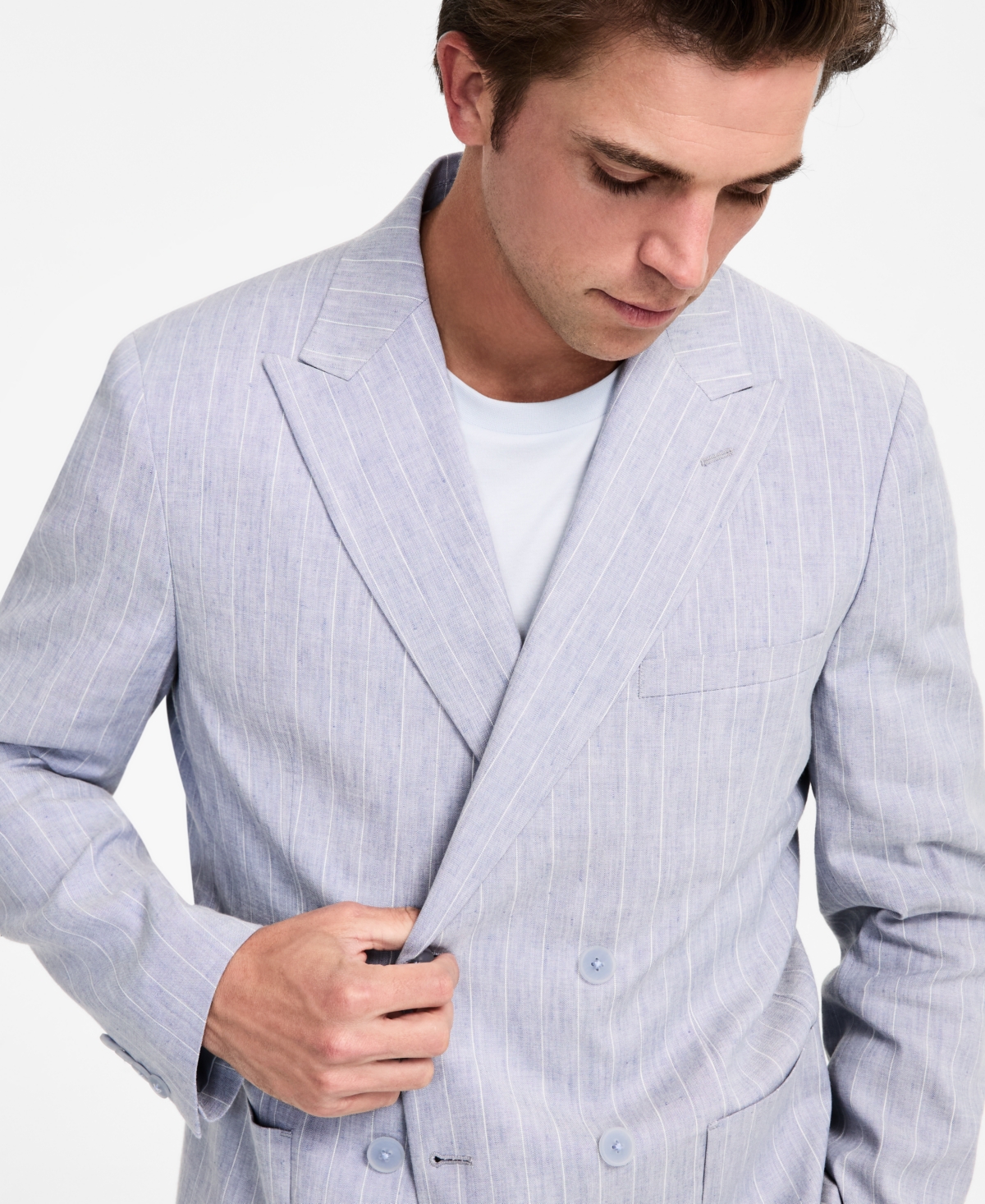 Shop Calvin Klein Men's Slim Fit Double Breasted Linen Suit Jacket In Blue