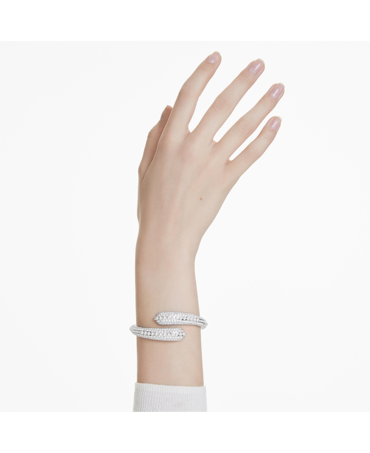 Swarovski Sublima Crystal Cultivated Pearl, Round Cut, White, Rhodium Plated Cuff In Silver,white