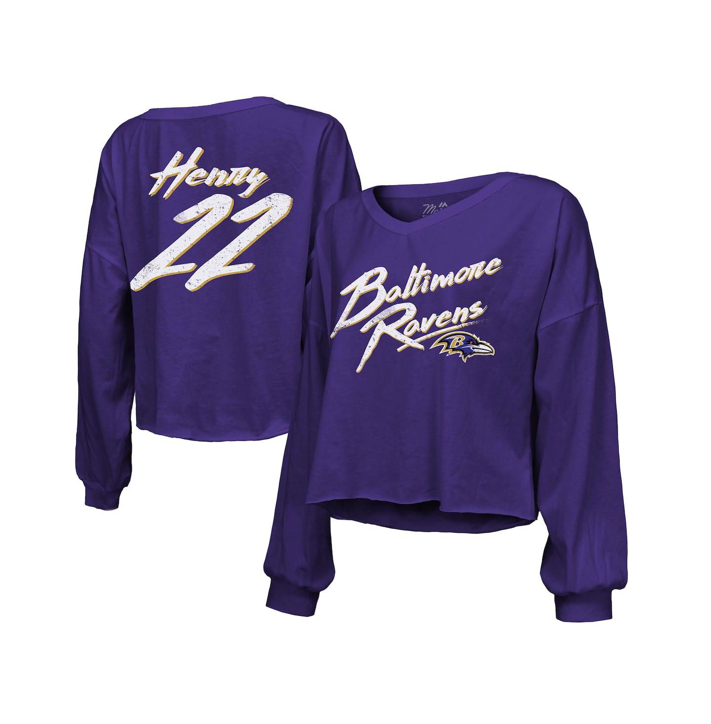 Женская футболка Majestic Derrick Henry Purple Baltimore Ravens Name & Number Off-Shoulder Script Cropped Long Sleeve V-Neck — фото 1