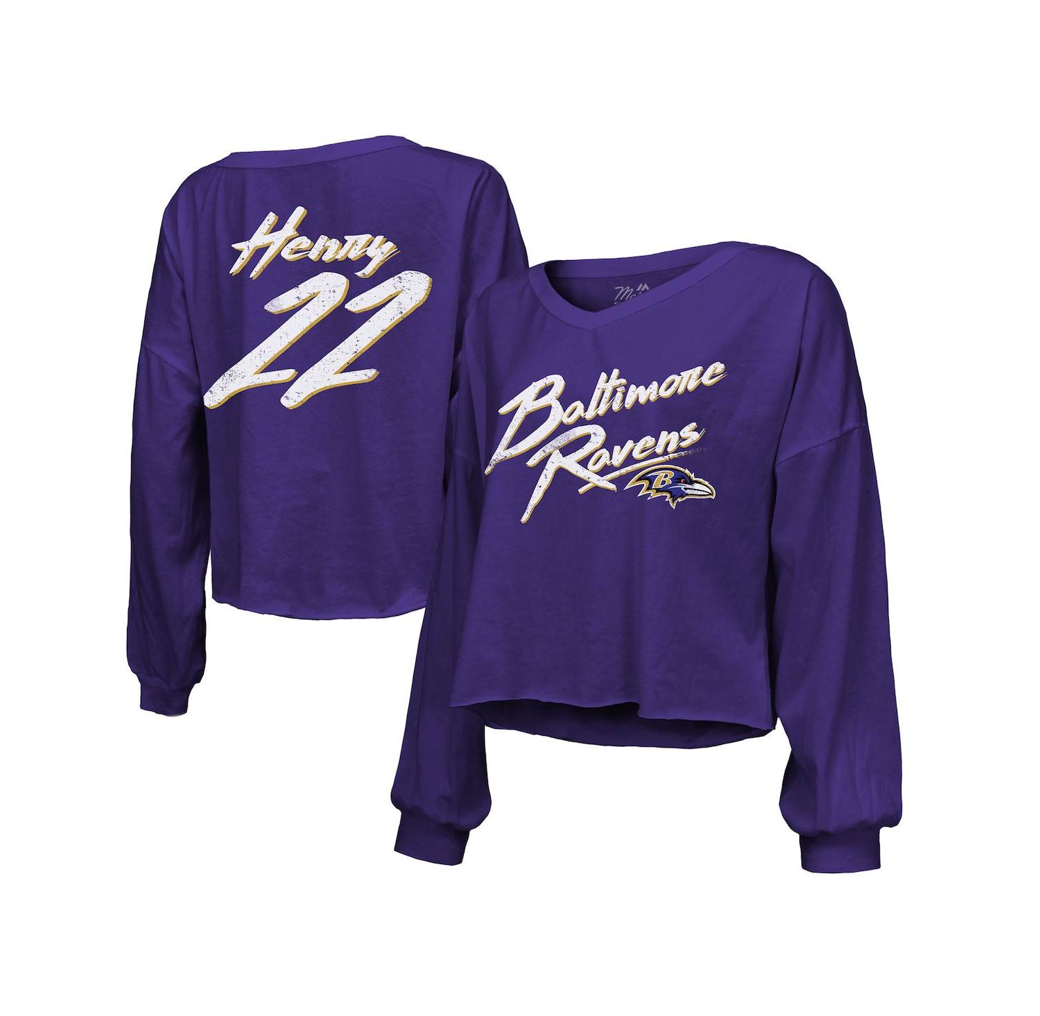 Women's Derrick Henry Purple Baltimore Ravens Name & Number Off-Shoulder Script Cropped Long Sleeve V-Neck T-Shirt