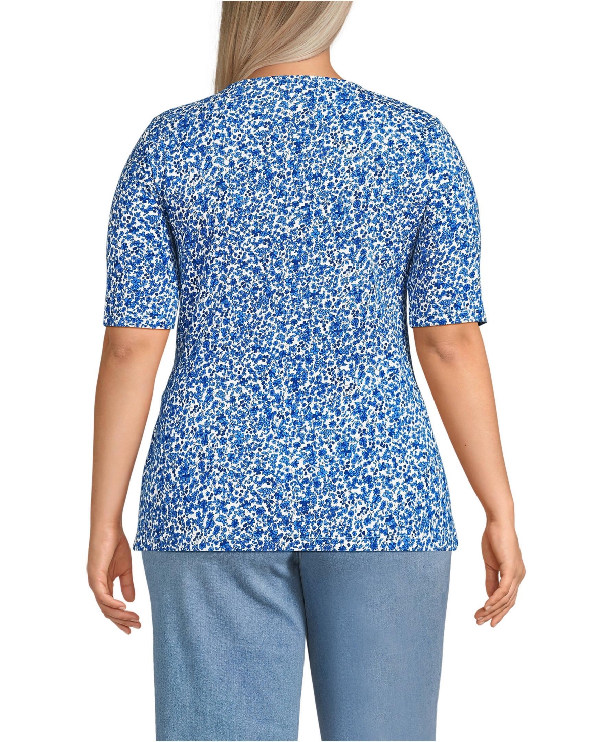 Lands' End Plus Size Lightweight Jersey Tie Front Top -vista blue flowers