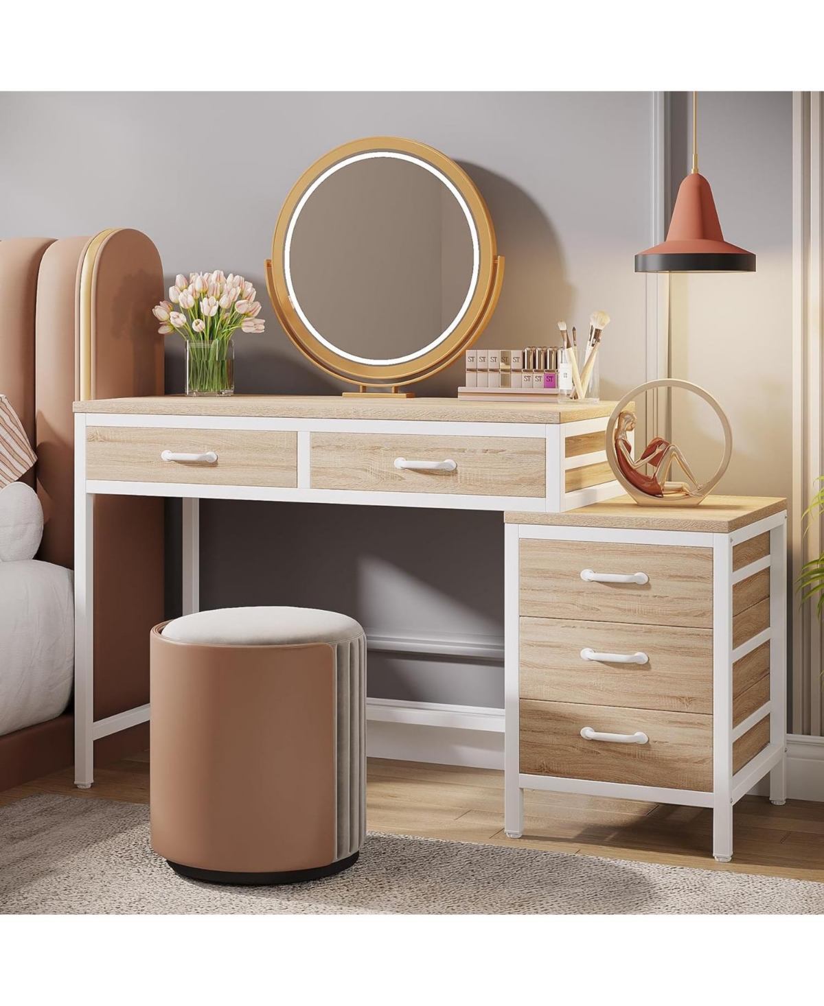 Tribesigns Vanity Desk with 5 Drawers, Makeup Vanity Table Dressing Table with Side 3-Drawer Chest, Make Up Vanities for Women, Girls (Without Mirror)