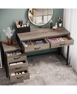 Computer Desk with 5 Drawers, Home Office Desks with Reversible Drawer Cabinet Printer Stand, Industrial PC Desk with Storage, Grey Study Writing Table Workstation for Small Spaces