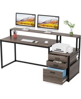 63 Inch Computer Desk with File Drawer Cabinet, Ergonomic Office Desk with Monitor Stand, Workstation Desk