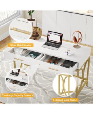 Modern Computer Desk with 2 Drawers, 41 Inches Study Writing Office Desk, Makeup Vanity Table Desk with Gold Metal Frame, White & Gold