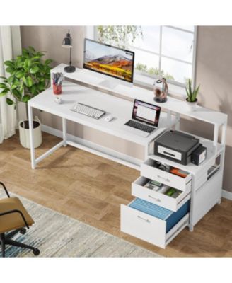 63 Inch Computer Desk with File Drawer Cabinet, Ergonomic Office Desk with Monitor Stand, Computer Table with Printer Space, Wood PC Table Workstation Desk for Home Office