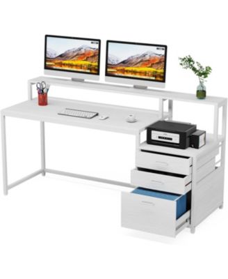 63 Inch Computer Desk with File Drawer Cabinet, Ergonomic Office Desk with Monitor Stand, Computer Table with Printer Space, Wood PC Table Workstation Desk for Home Office
