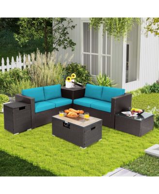 6PCS Patio Rattan Furniture Set 32'' Fire Pit Table Tank Holder with Cover