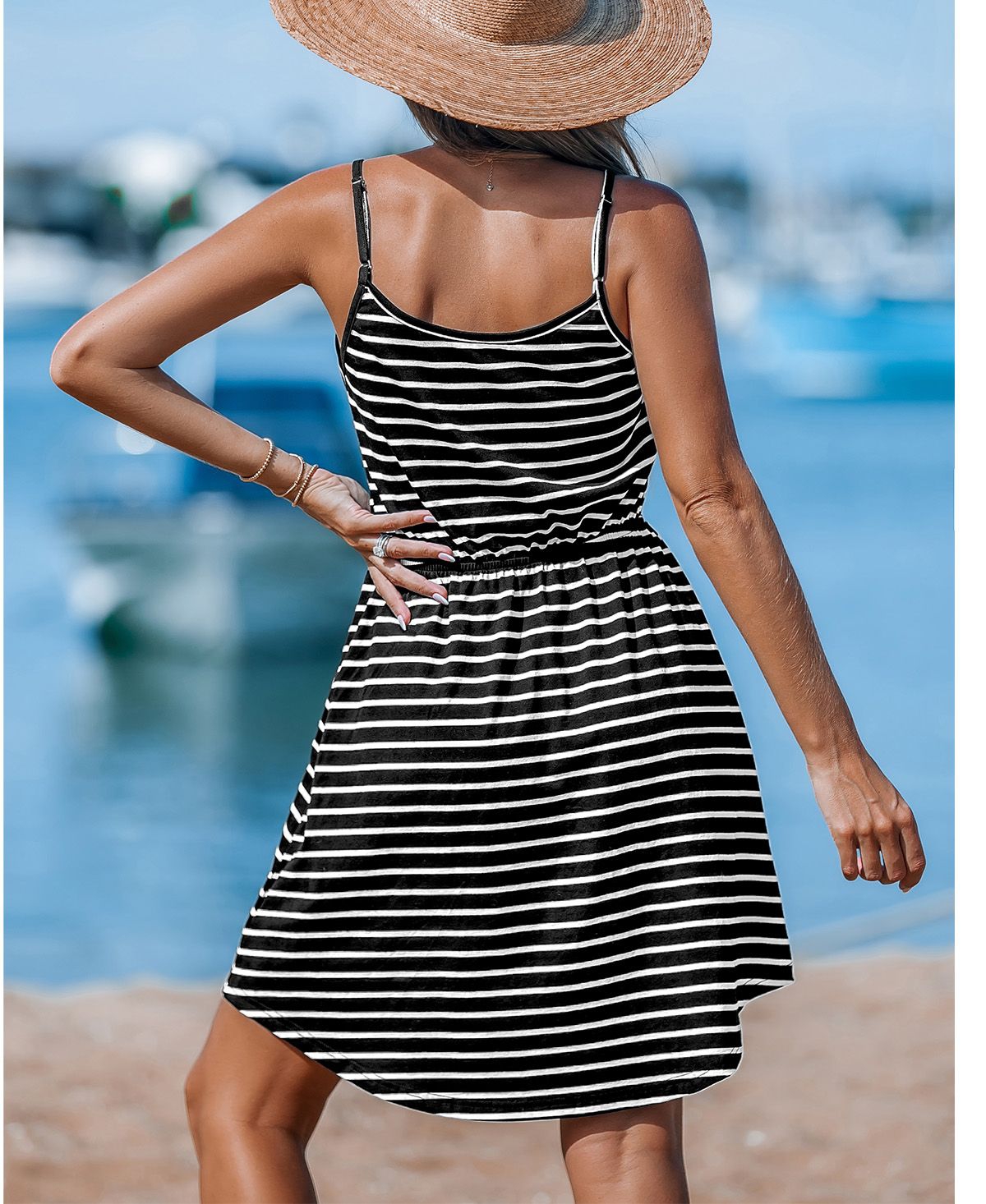 Cupshe Women's& White Stripe Scoop Neck Sleeveless Mini Beach Dress - Black