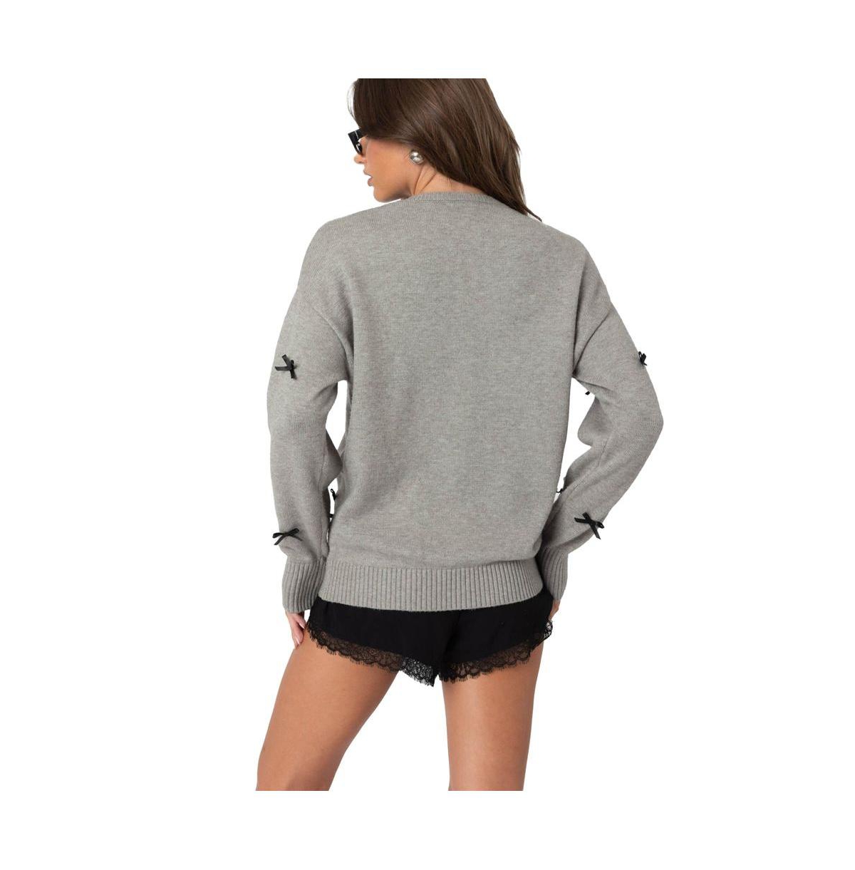 Edikted Women's Satin Bow Oversized Sweater - Gray-melange