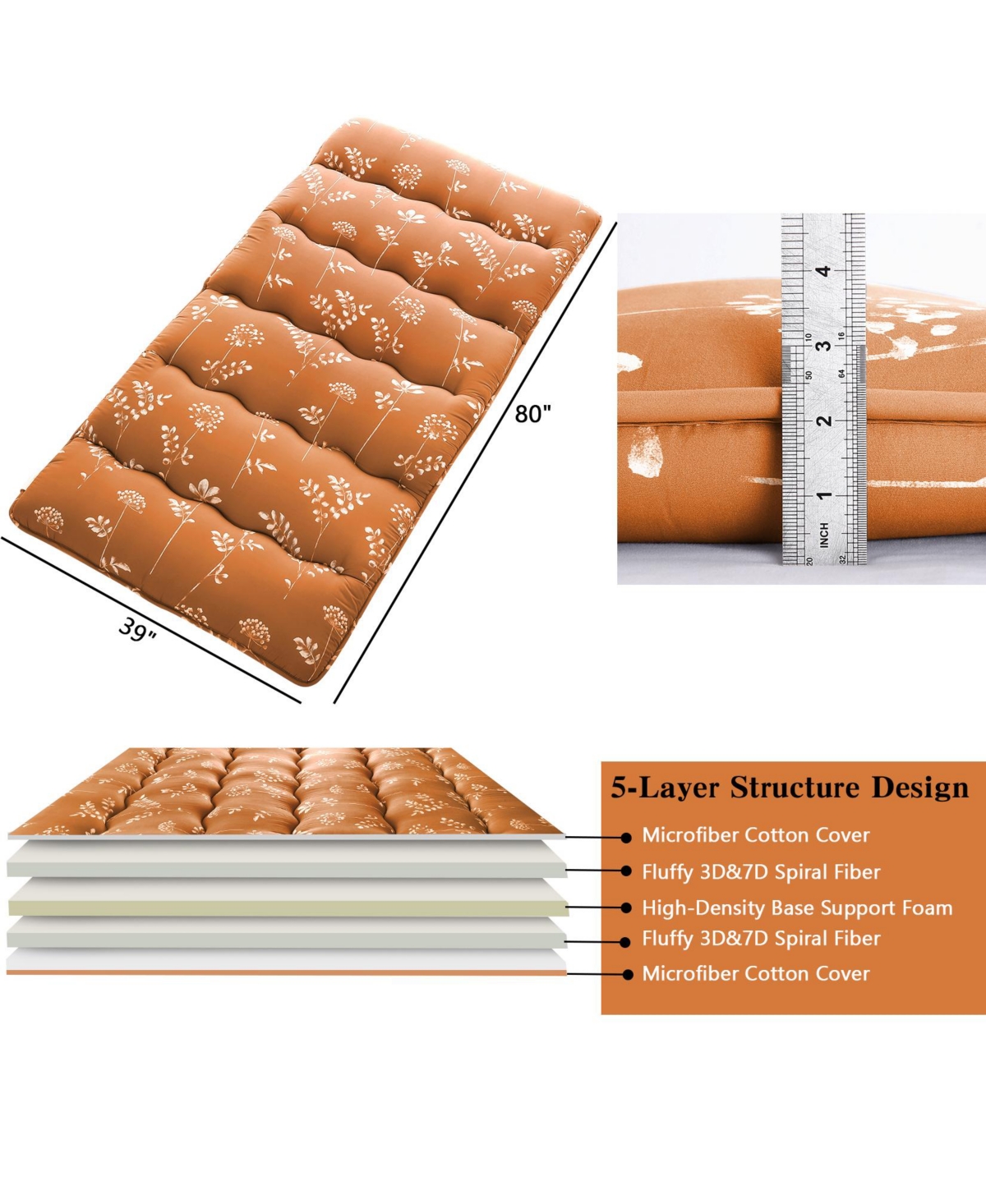 Caromio Futon Mattress Twin Size, Floral Print Floor Pad Portable Dorm Sleeping Pad, 39"x 80"