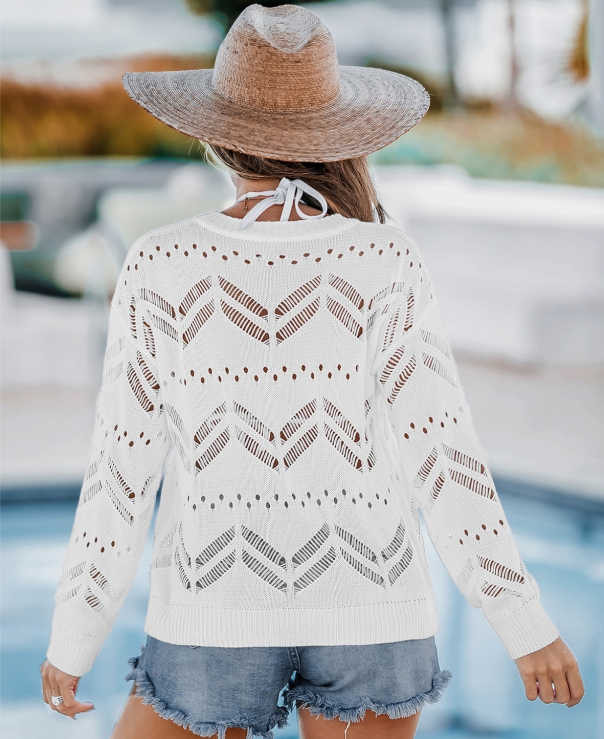 Cupshe Women'sCutout Knit Round Neck Long Sleeve Cover-Up - White