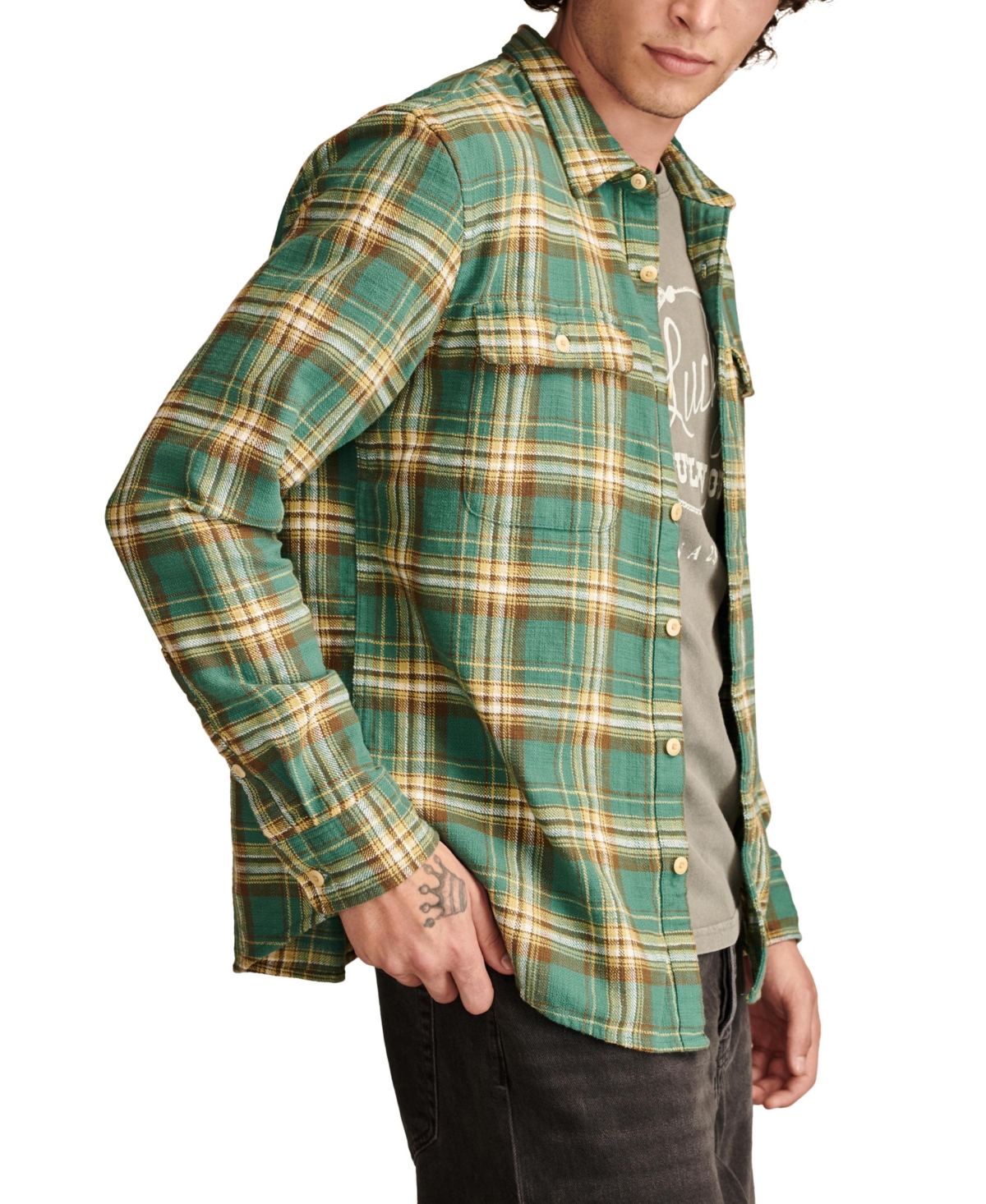 Lucky Brand Men's Big Slub Twill Plaid Long Sleeve Utility Shirt