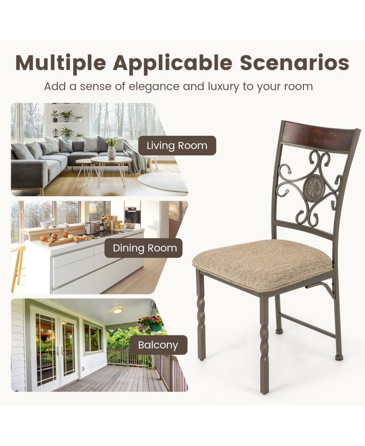 Set of 2 Dining Room Chairs Armless Kitchen Chairs Set with Seat Cushion-Brown