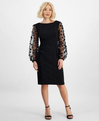 Connected - Petite Sheer-Sleeve Appliqu&eacute; Sheath Dress