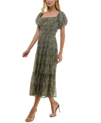 Juniors' Printed Square-Neck Short-Sleeve Tiered Dress