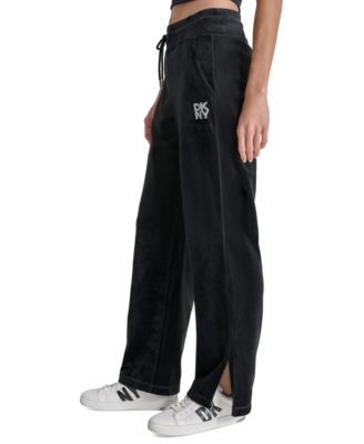 Women's Velour Rhinestone-Logo Side-Slit Track Pants