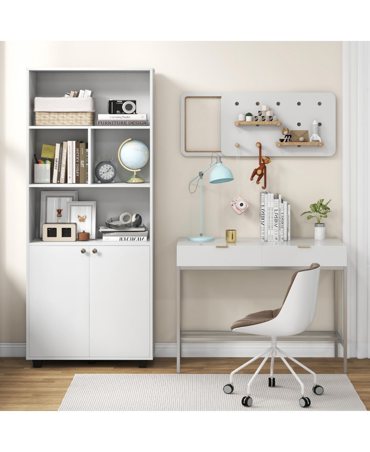 Sugift Tall Double-Door Bookcase with Adjustable Shelf and Storage Cubes- White