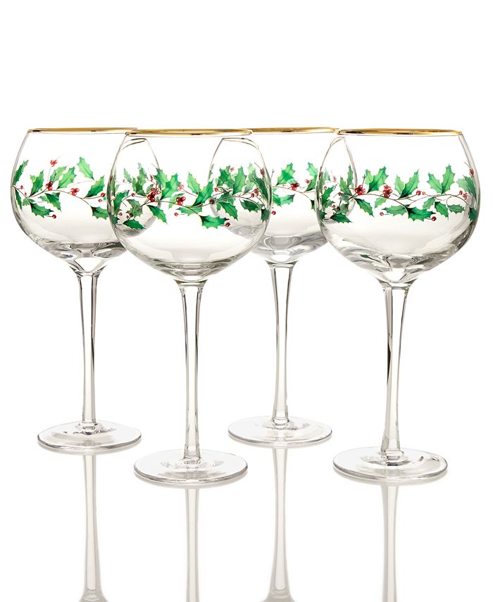 Etched Multicolor Christmas Stemmed Wine Glasses Set of 4