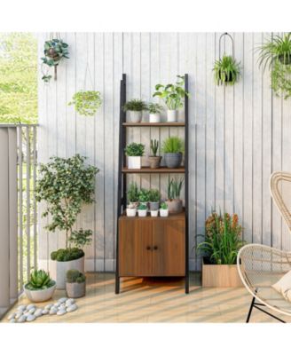 4-Tier Ladder Shelf with Cabinet and Metal Frame-Rustic Brown