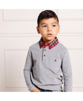 Boys Long Sleeve Polo Shirt with Woven Collar and Elbow Patches
