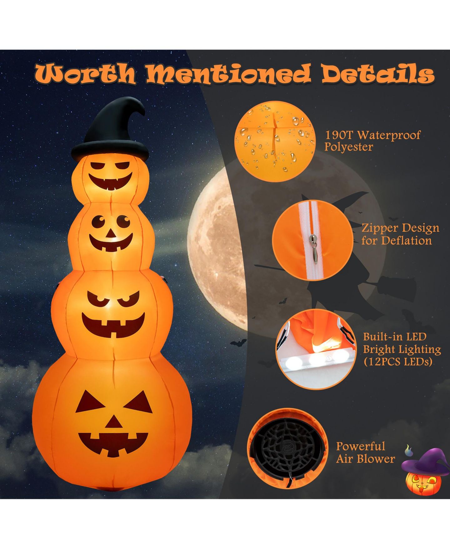 Детская игрушка VEBREDA 8 Feet Inflatable Halloween Pumpkins Stack with Built-in LED Lights, цвет: Оранжевый — фото 8