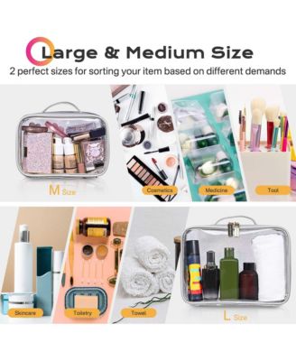 Set of 2 Clear Makeup Bag Cosmetic Organizer Travel Toiletry Pouch Handle Zipper for Makeup Artist Pink