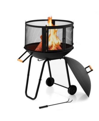 28 Inch Portable Fire Pit on Wheels with Log Grate-Black