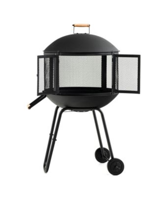 28 Inch Portable Fire Pit on Wheels with Log Grate-Black