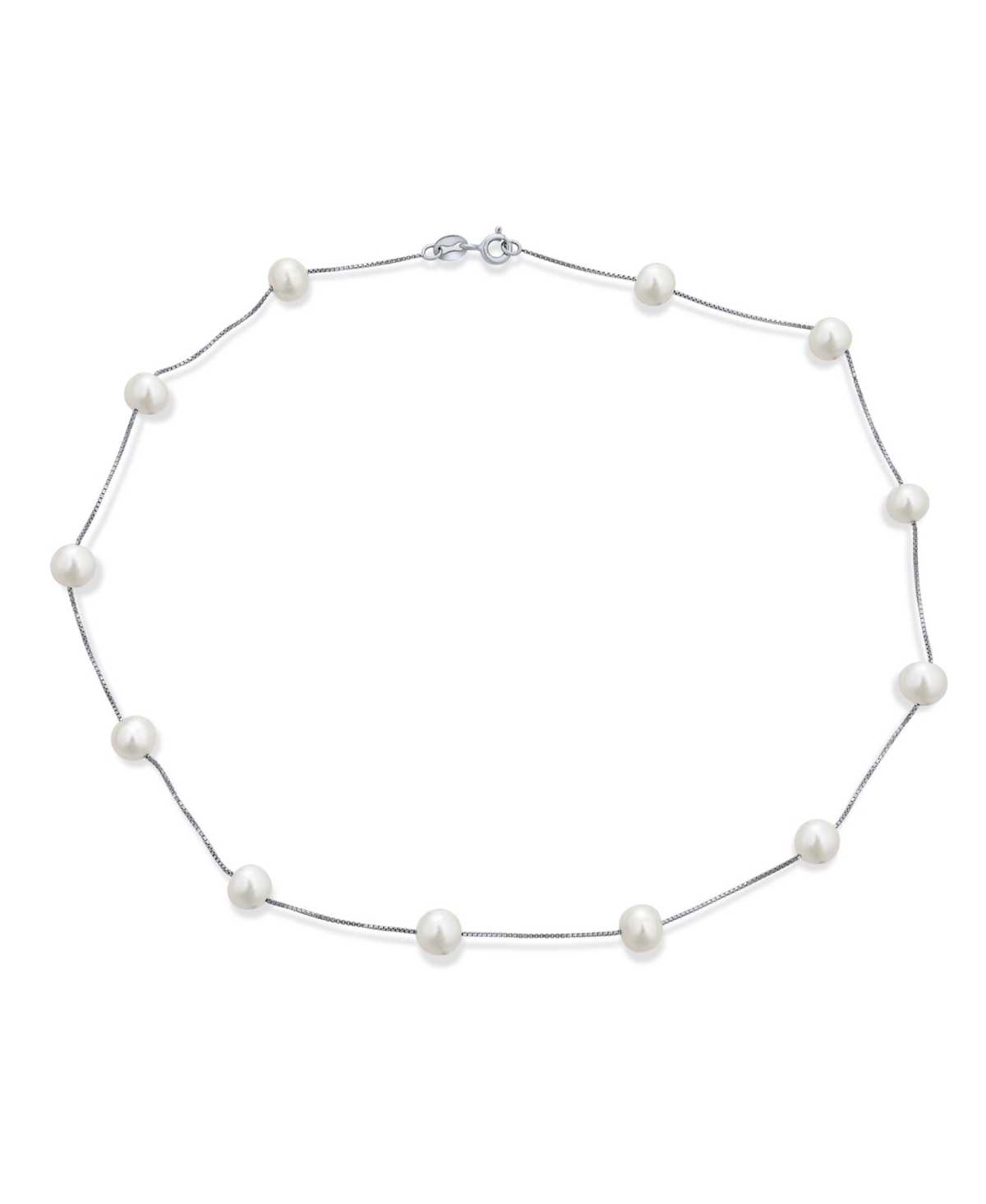 Bling Jewelry Tin Cup White Freshwater Cultured 7MM Pearl Chain Station Pearls Necklace For Women Yellow Gold Plated .925 Sterling Silver - Silver whi